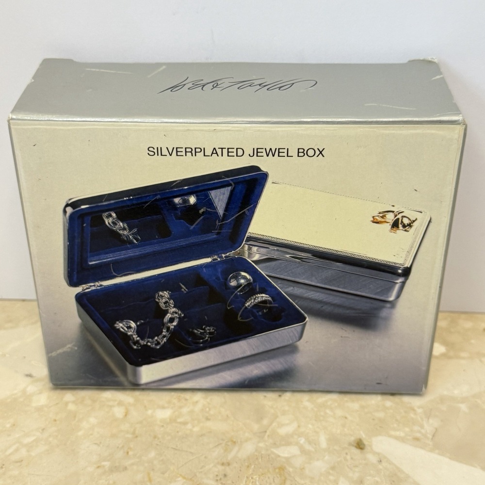 Vtg Silver Plated Jewelry Trinket Box w/ Gold Tone Bow Blue Velvet Lined Mirror